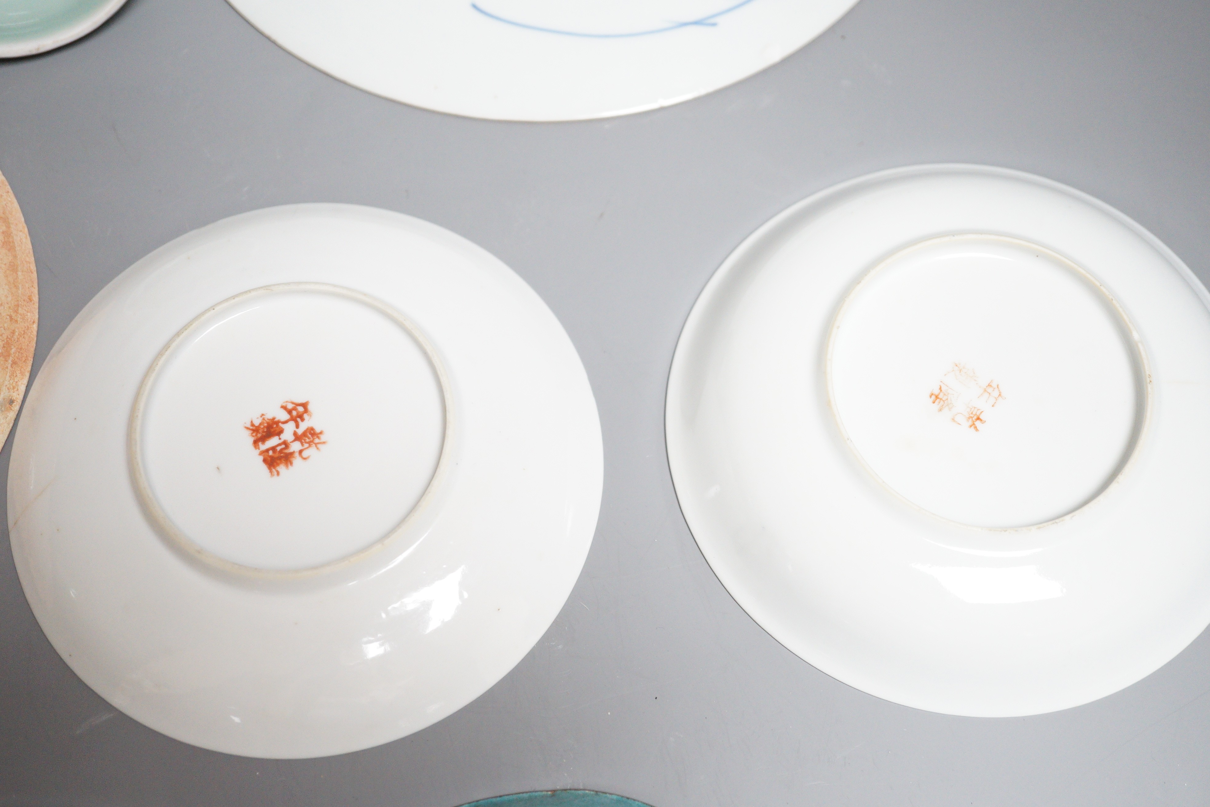 An 18th century Chinese blue and white dish together with other Chinese ceramics, dish diameter 22cm
